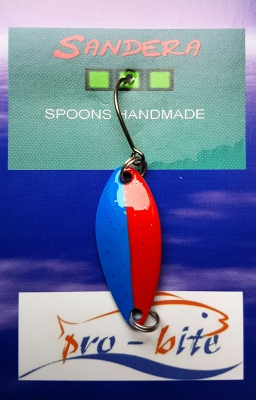 Spoon / Forellenblinker Premium Sandera14 in 3,5 gr. mit VMC- Einzelhaken in blau-rot mit Glitter