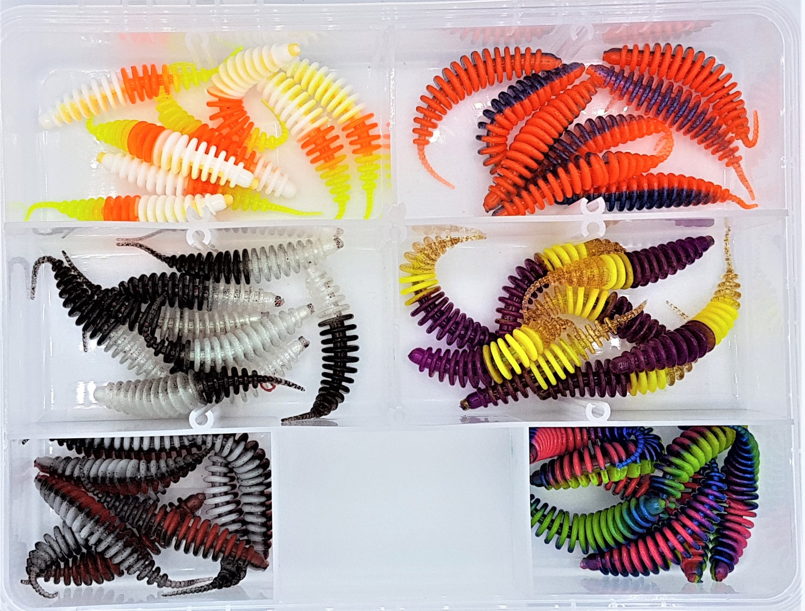 Starter- Box L / Gummiköder Zum Forellenangeln: 66 ProBaits Custom Lures Troutworm Mega Soft In 3,8 Cm Und 5 Cm  Länge
