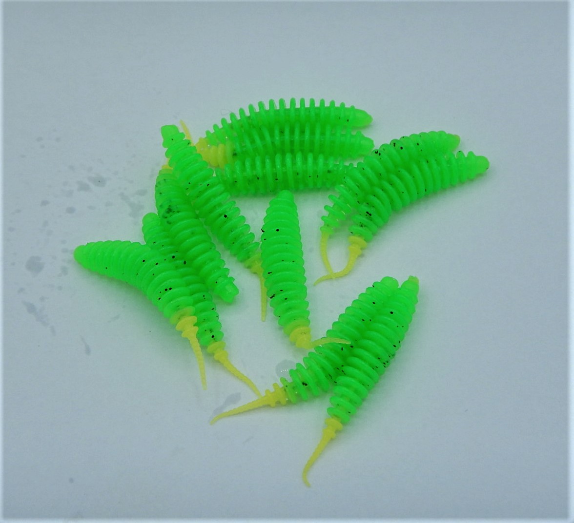 ProBaits Mini Custom Lures Troutworm Mega Soft / Bubblegum- Flavour In 3,8 Cm Länge / Farbe: Grün-Gelb