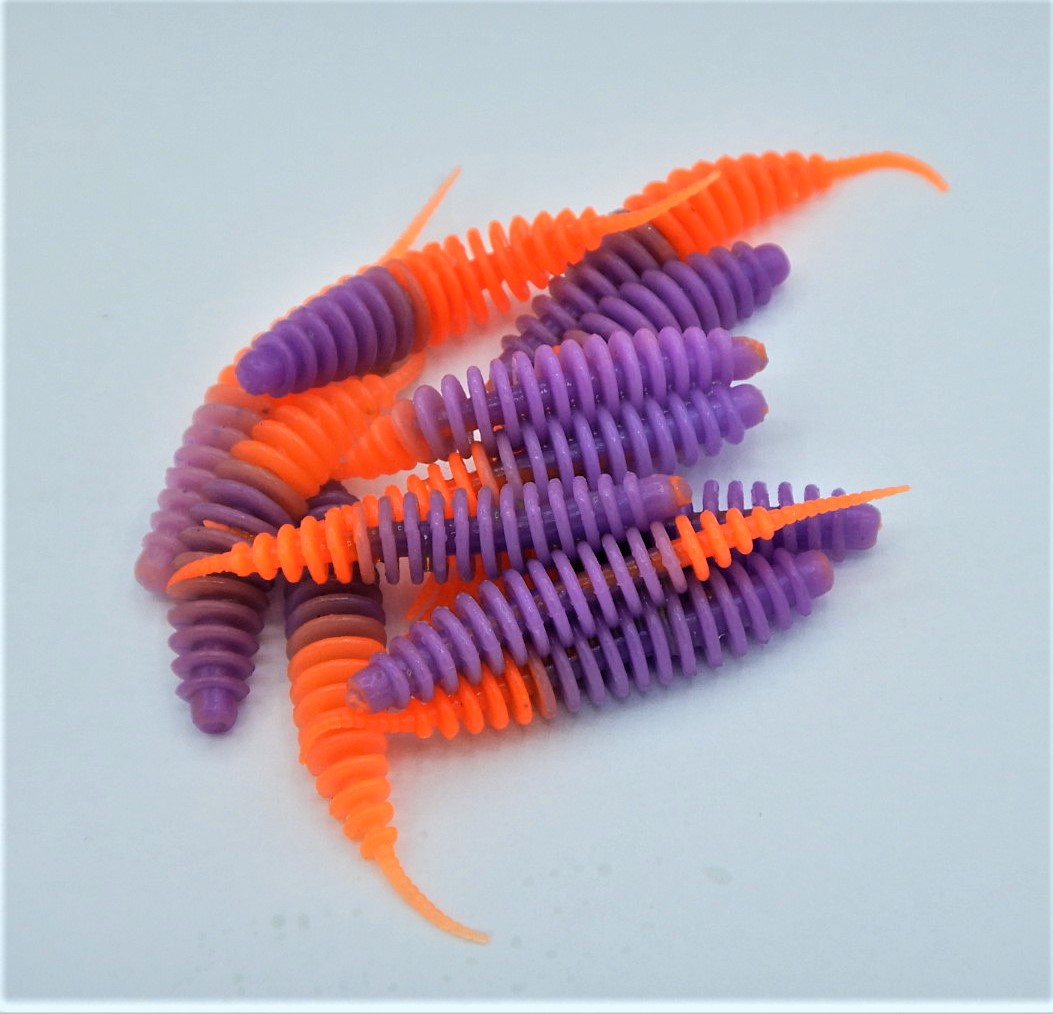 ProBaits Mini Custom Lures Troutworm Mega Soft / Bubblegum- Flavour In 3,8 Cm Länge / Farbe: Lila-Orange