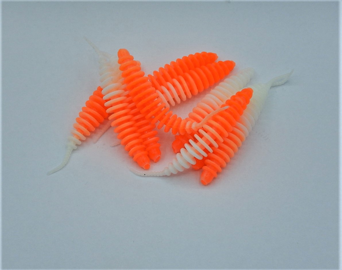 ProBaits Mini Custom Lures Troutworm Mega Soft / Käse- Flavour In 3,8 Cm Länge / Farbe: Orange-Weiß