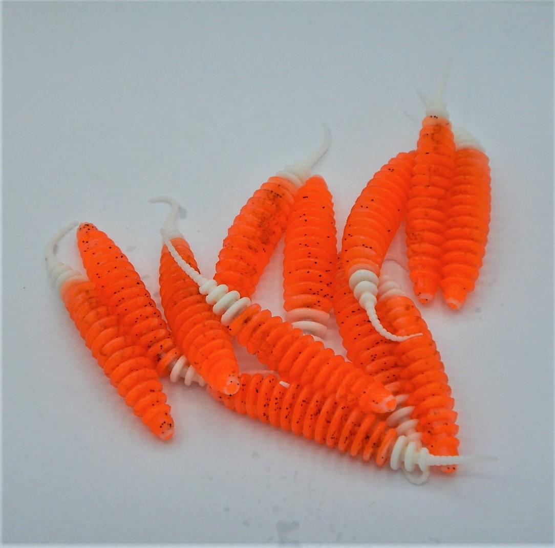 ProBaits Mini Custom Lures Troutworm Mega Soft / Bubblegum- Flavour In 3,8 Cm Länge / Farbe: Orange-Weiß