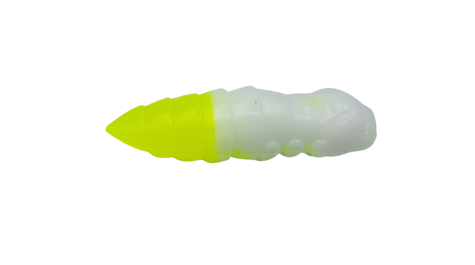 FishUp Pupa Zweifarbig Knoblauch 1.2 – Softbait Für Forelle Und Barsch In 3 Cm – Farbe: White / Hot Chartreuse