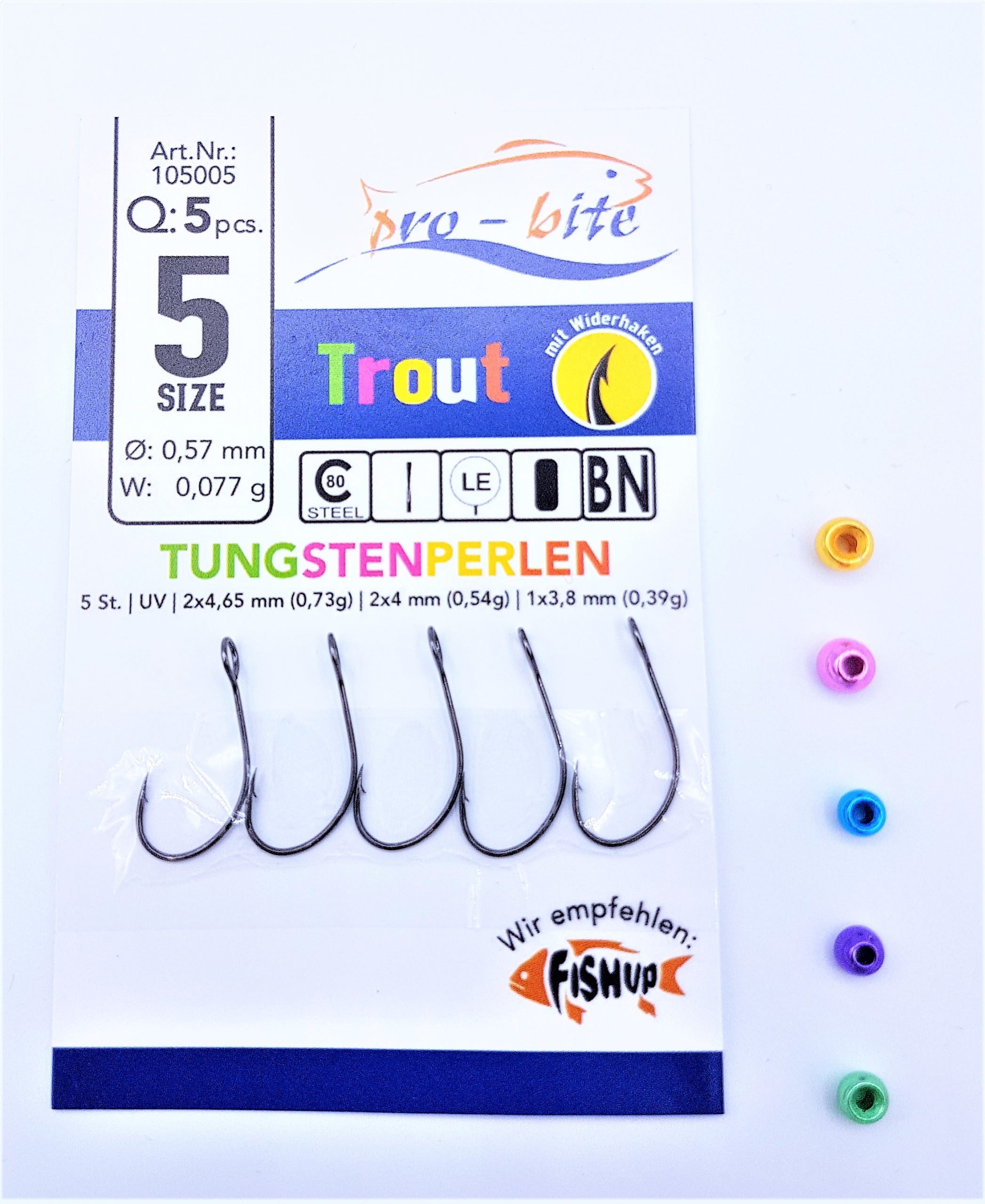 Tungsten und Haken mit Öhr und Widerhaken in der Größe 5 | Beads in Regenbogenfarbe