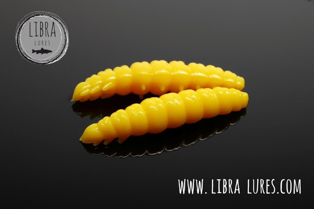 Libra Lures Larva 30mm | Forellenköder supersoft | Inhalt: 15 Stück | Aroma: Krill | Farbe: 008 Dark Yellow