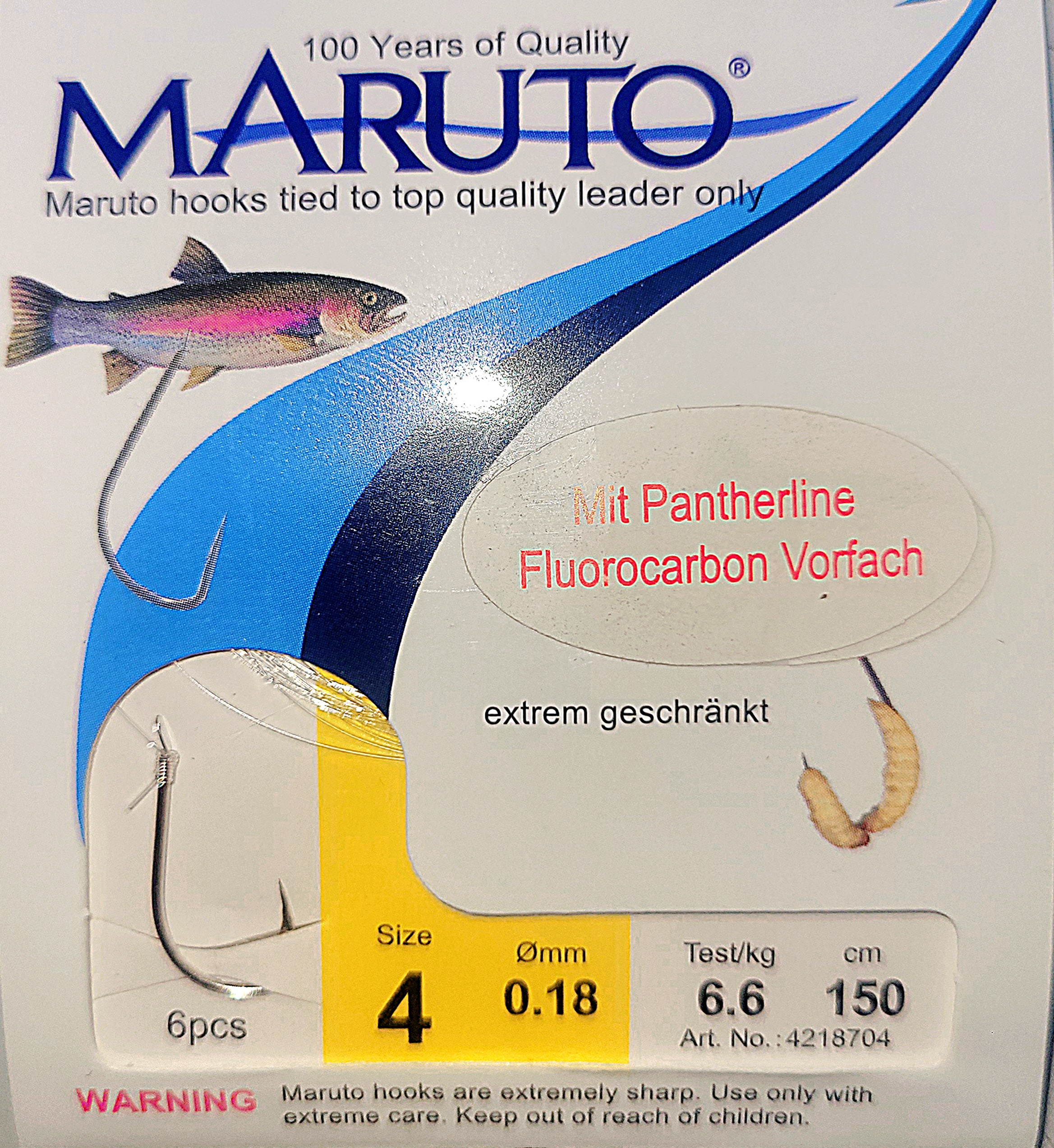 MARUTO Bienenmadenhaken Gr.4 Fluorocarbon | 0,18mm Vorfach | Vorfachlänge: 150cm | Tragkraft: 6,6 kg | 6 Haken | Angelhaken für Forellen