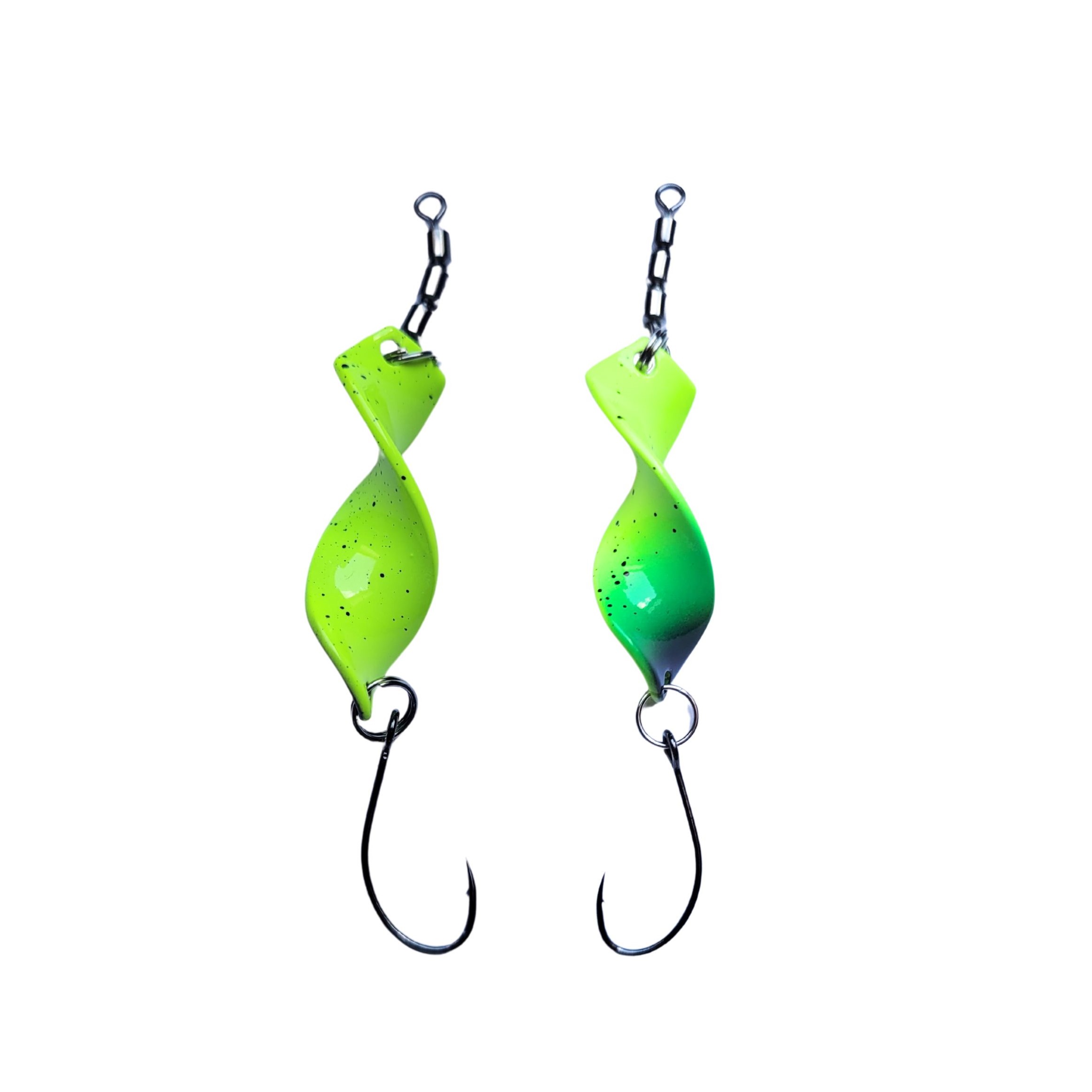 Twist’n Catch Spoon Forellenblinker | Twister-Spoon in 2,8 gr. | Forellenköder plus Wirbel und Haken | Blinker Spoon Forelle | Farbe: Gelb- Glitter / Grün- Dot