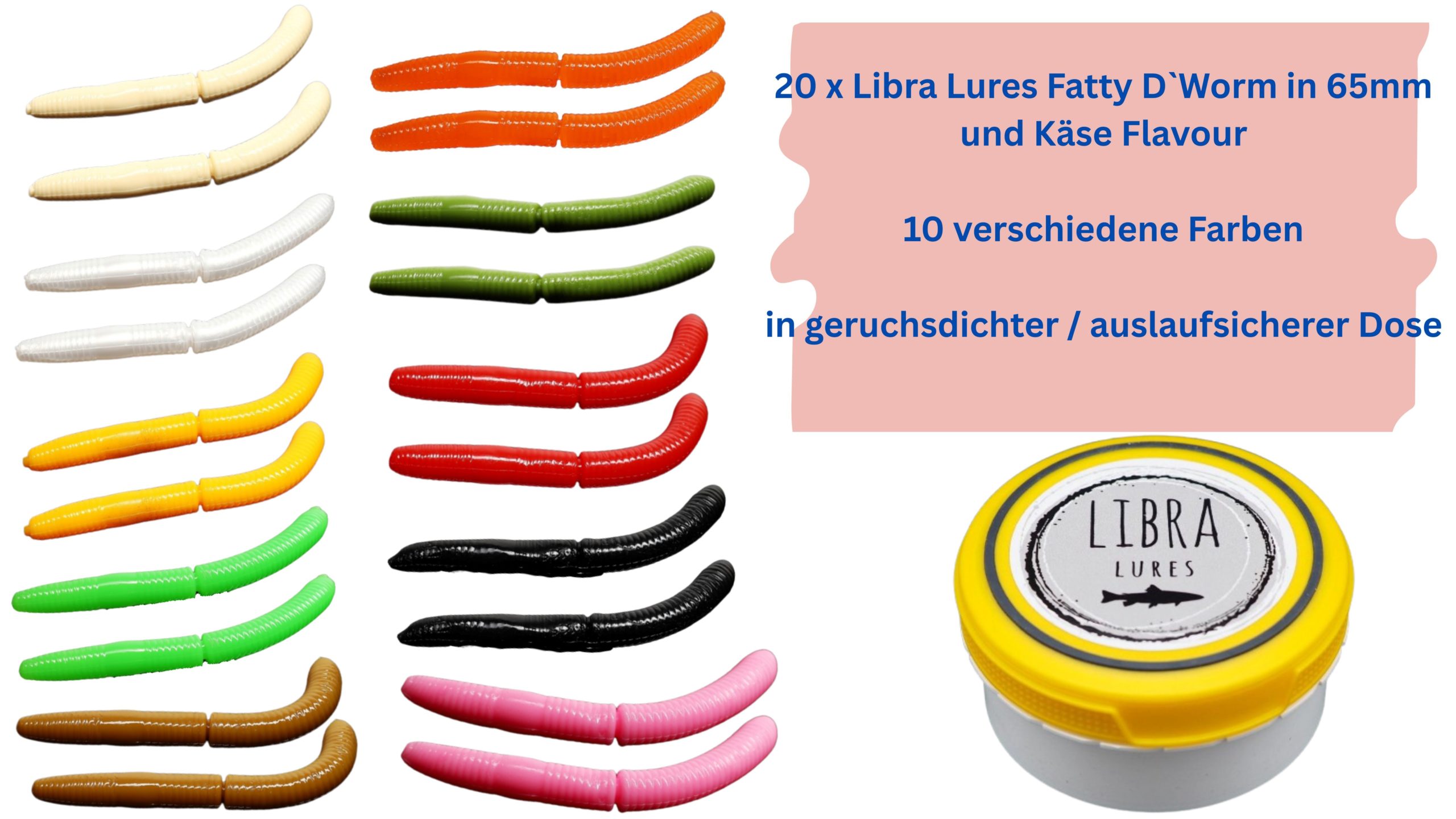 Starter-Set Fatty 65 von Libra Lures – 20x Forellenköder Softbaits | Größe: 65mm | 10 Farben mit Käse-Aroma – Gummiköder Set + dichte Dose – Ideal zum Forellenangeln