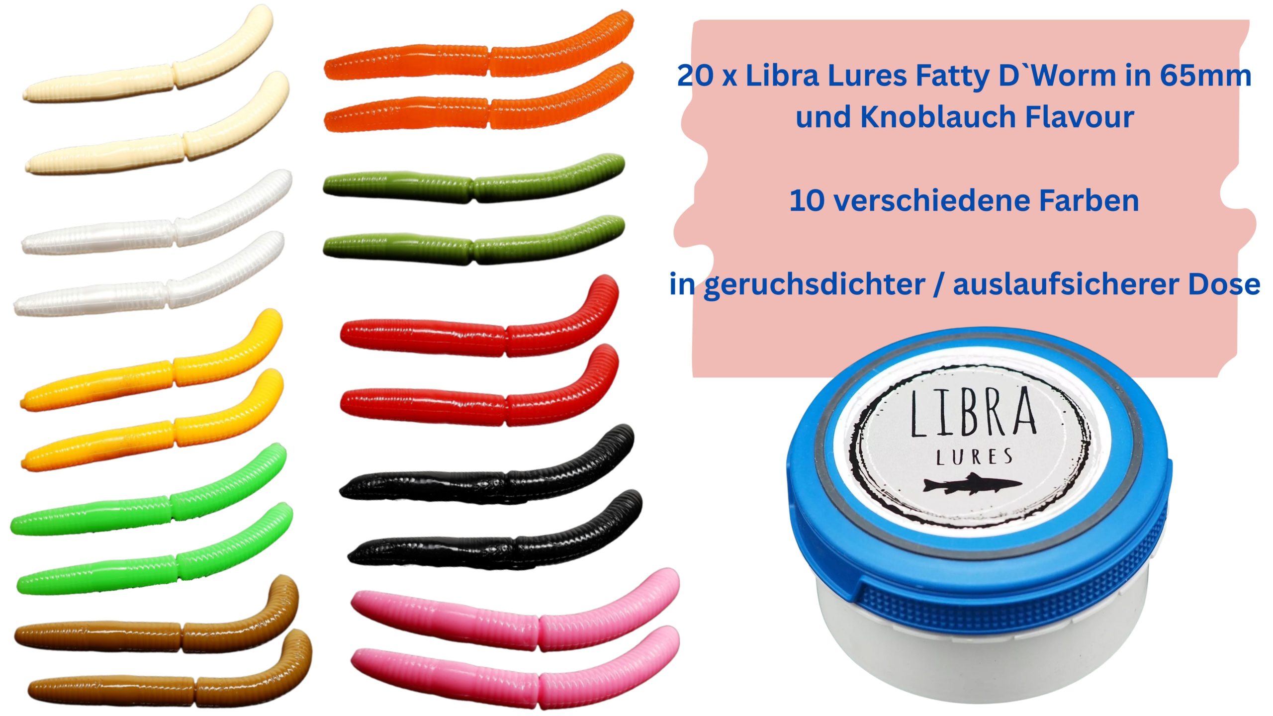 Starter-Set Fatty 65 von Libra Lures – 20x Forellenköder Softbaits | Größe: 65mm | 10 Farben mit Knoblauch-Aroma – Gummiköder Set + dichte Dose – Ideal zum Forellenangeln
