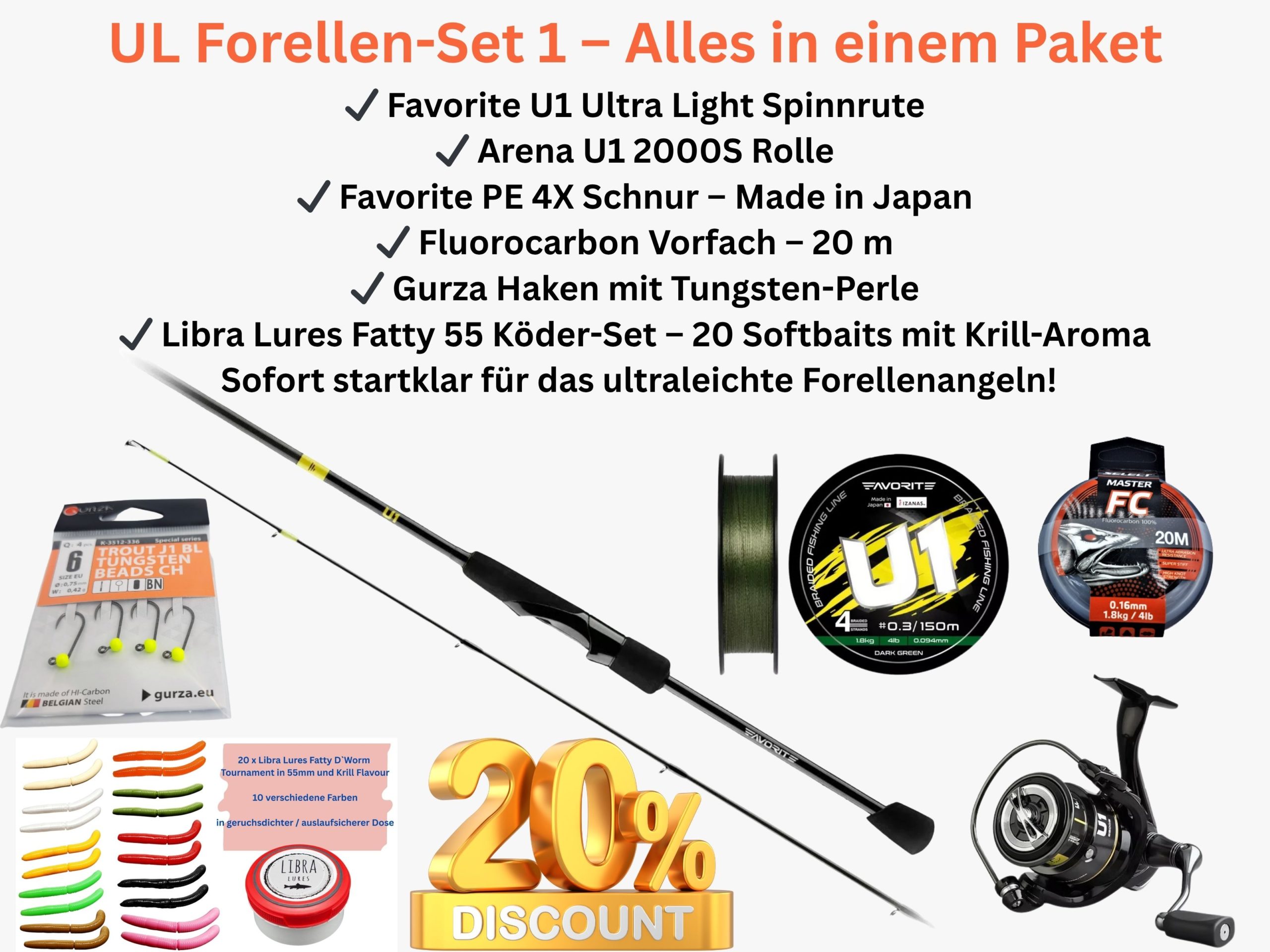 UL Forellen-Set 1: Favorite U1 Angelrute + Arena 2000S Rolle + PE 4X Schnur + Fluorocarbon Vorfach + Tungsten Haken + Libra Lures Fatty 55 Köder – Perfektes Komplett-Set für ultraleichtes Forellenangeln