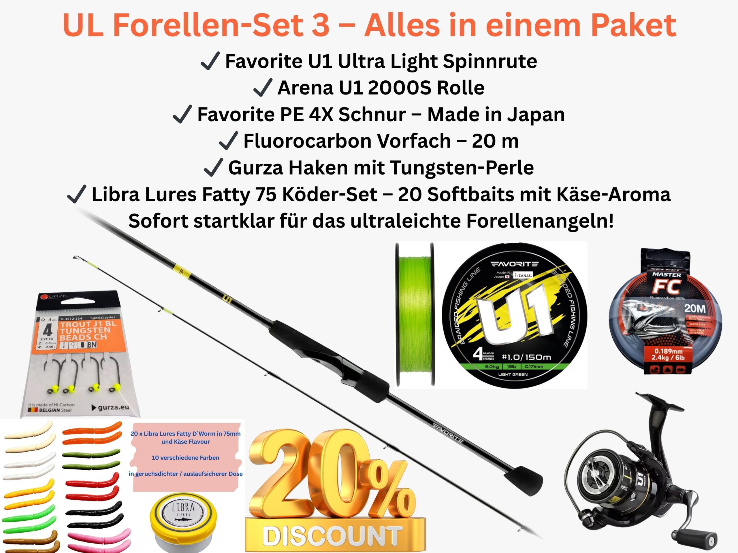 UL Forellen-Set 3: Favorite U1 Angelrute + Arena 2000S Rolle + PE 4X Schnur + Fluorocarbon Vorfach + Tungsten Haken + Libra Lures Fatty 75 Köder – Perfektes Komplett-Set für ultraleichtes Forellenangeln