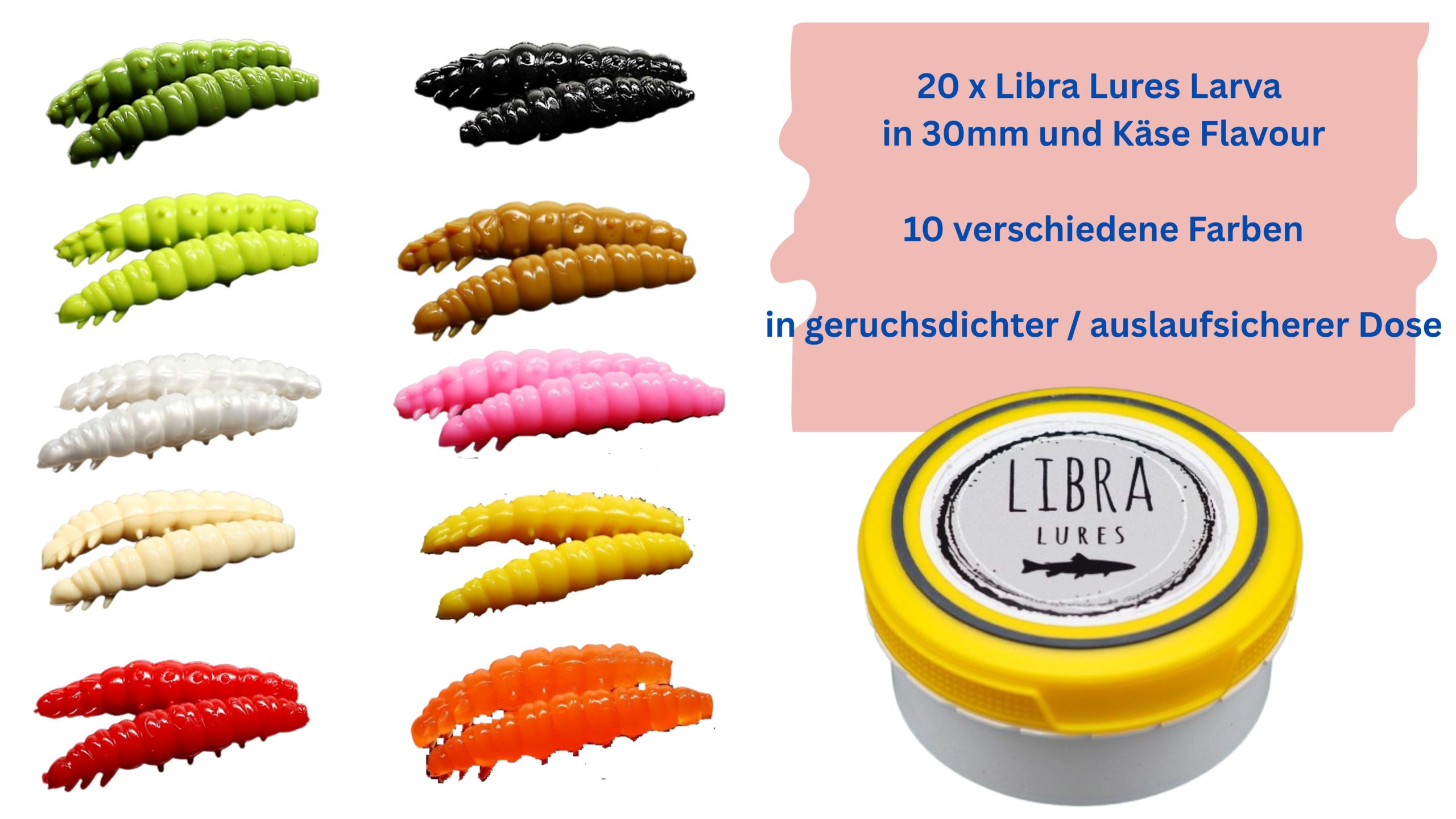 Starter-Set Larva 30 von Libra Lures – 20x Forellenköder Softbaits | Größe: 30mm | 10 Farben mit Käse-Aroma – Gummiköder Set + dichte Dose – Ideal zum Forellenangeln