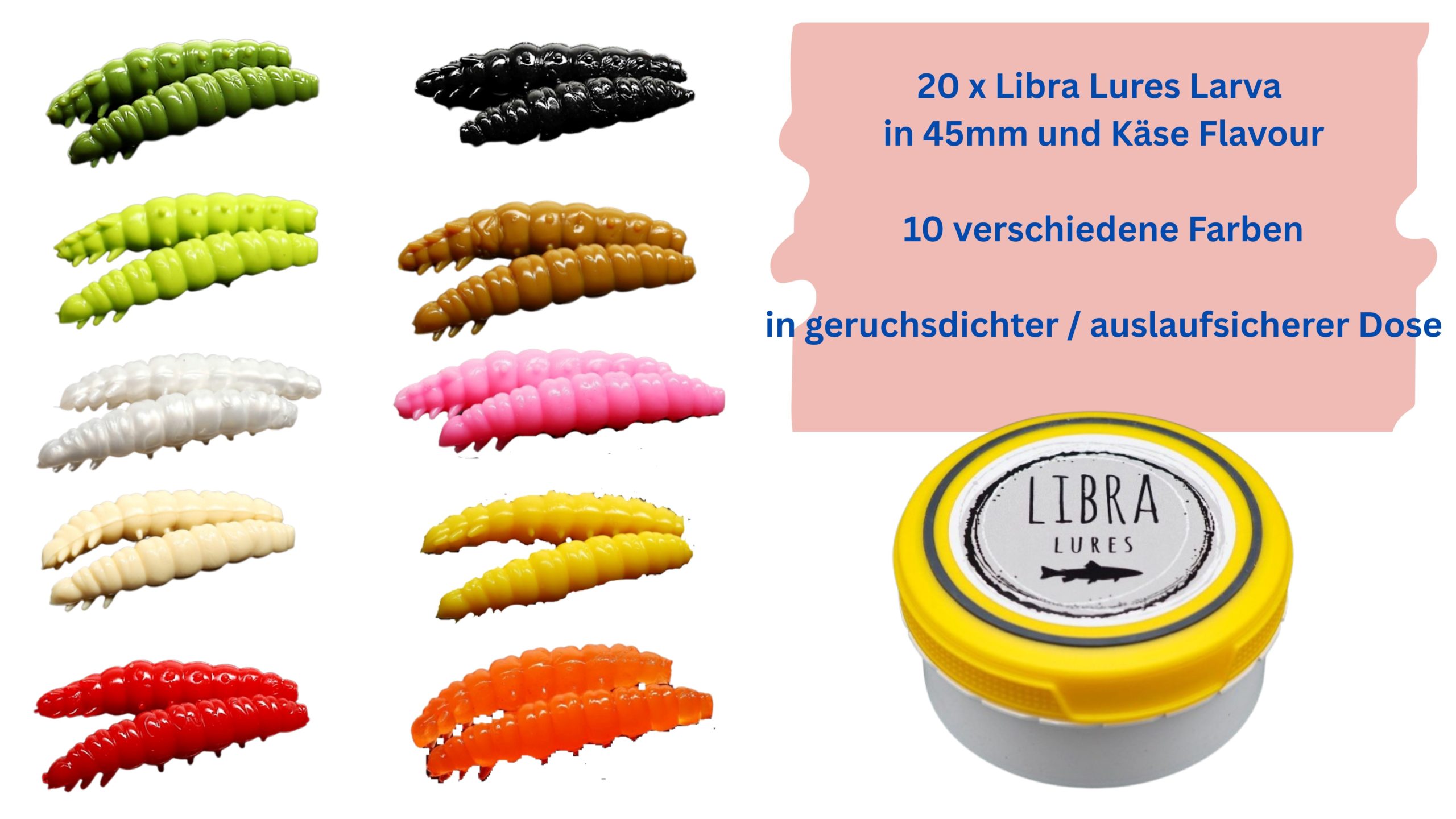 Starter-Set Larva 45 von Libra Lures – 20x Forellenköder Softbaits | Größe: 45mm | 10 Farben mit Käse-Aroma – Gummiköder Set + dichte Dose – Ideal zum Forellenangeln