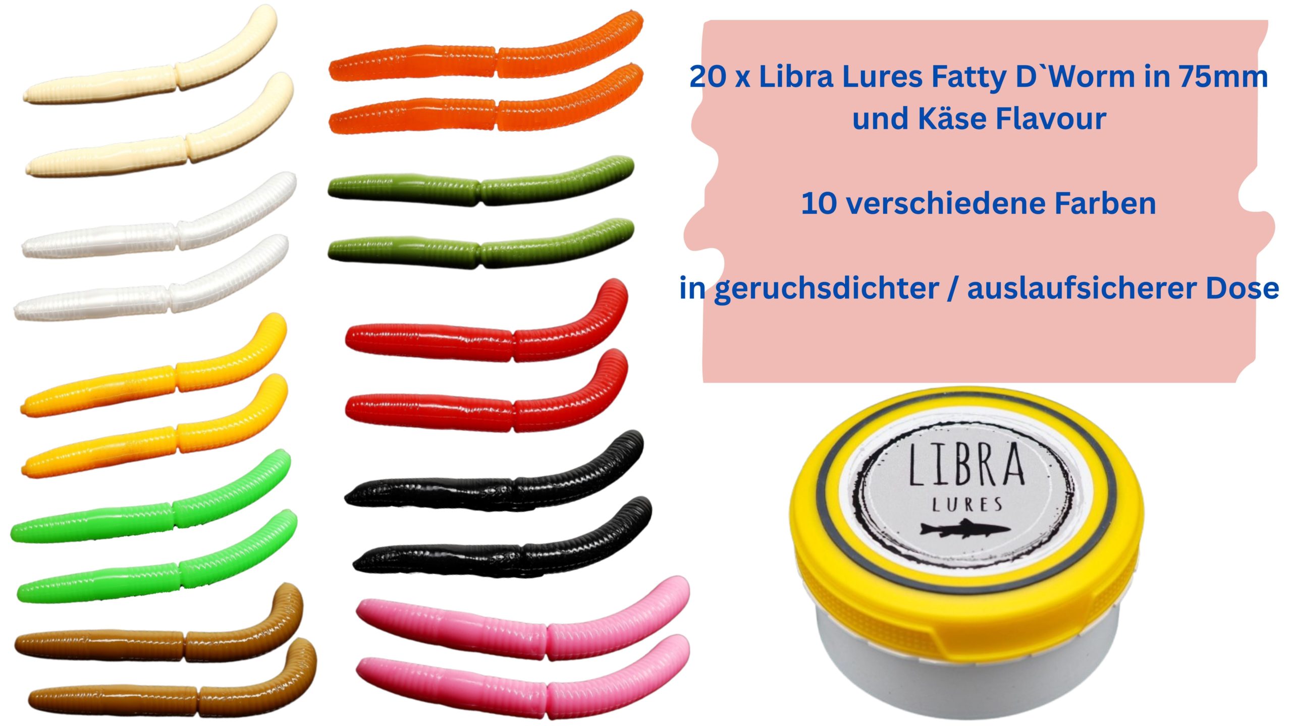 Starter-Set Fatty 75 von Libra Lures – 20x Forellenköder Softbaits | Größe: 75mm | 10 Farben mit Käse-Aroma – Gummiköder Set + dichte Dose – Ideal zum Forellenangeln