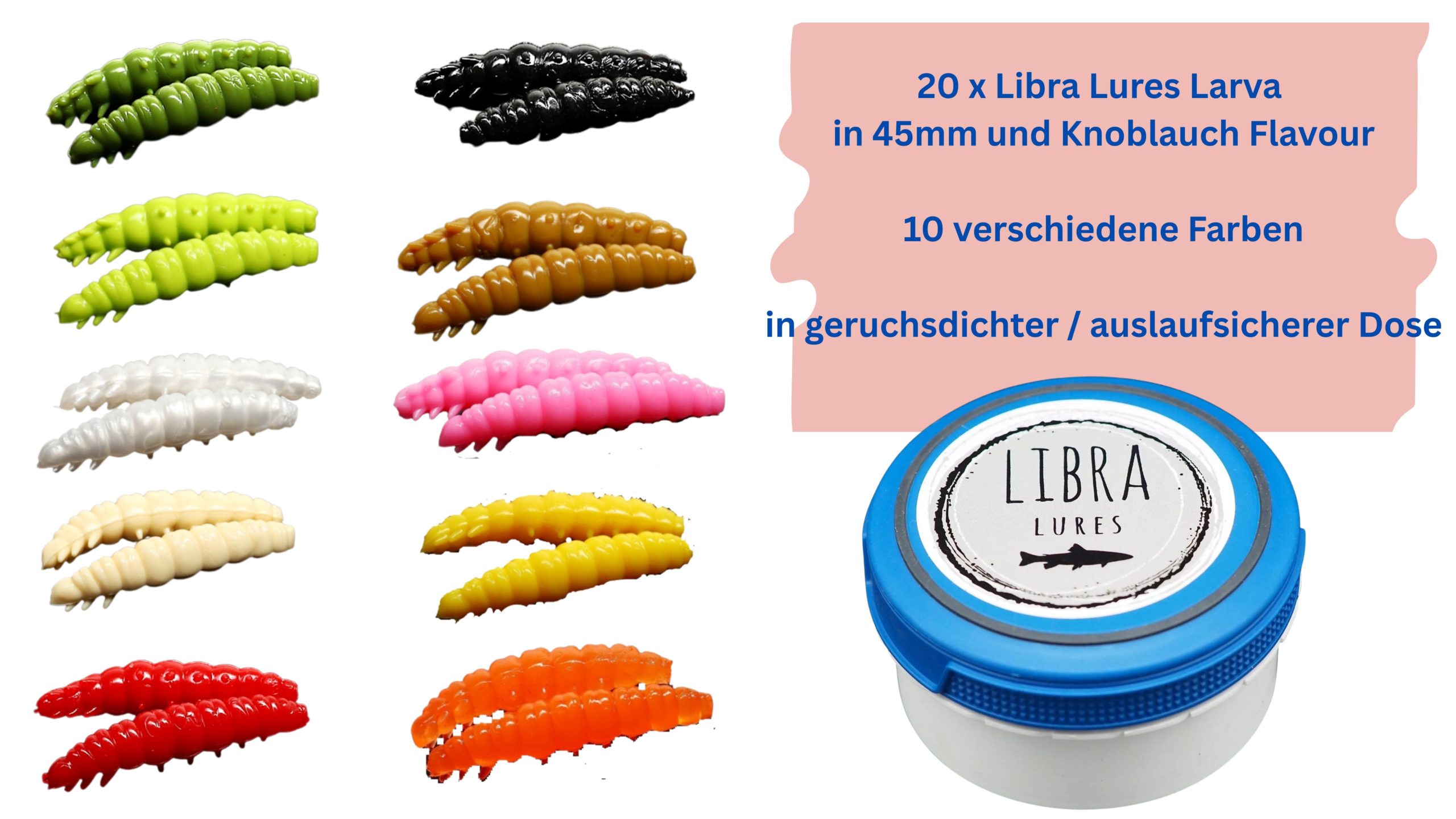 Starter-Set Larva 45 von Libra Lures – 20x Forellenköder Softbaits | Größe: 45mm | 10 Farben mit Knoblauch-Aroma – Gummiköder Set + dichte Dose – Ideal zum Forellenangeln
