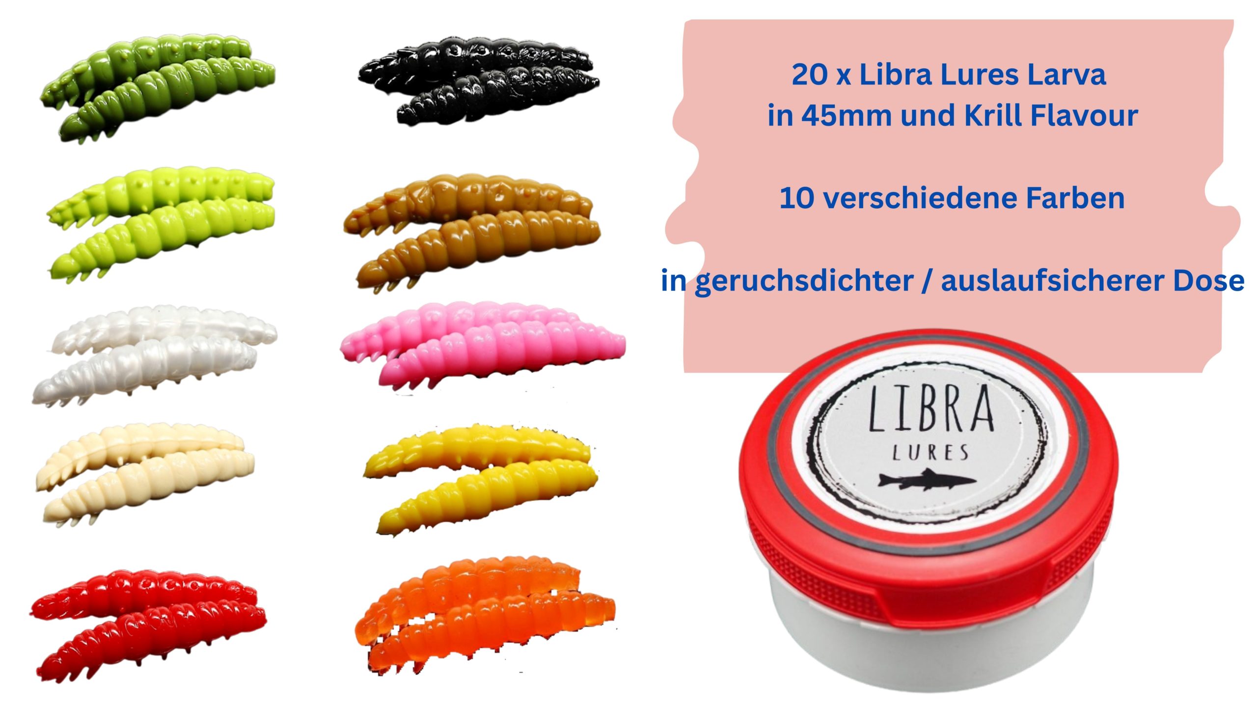 Starter-Set Larva 45 von Libra Lures – 20x Forellenköder Softbaits | Größe: 45mm | 10 Farben mit Krill-Aroma – Gummiköder Set + dichte Dose – Ideal zum Forellenangeln