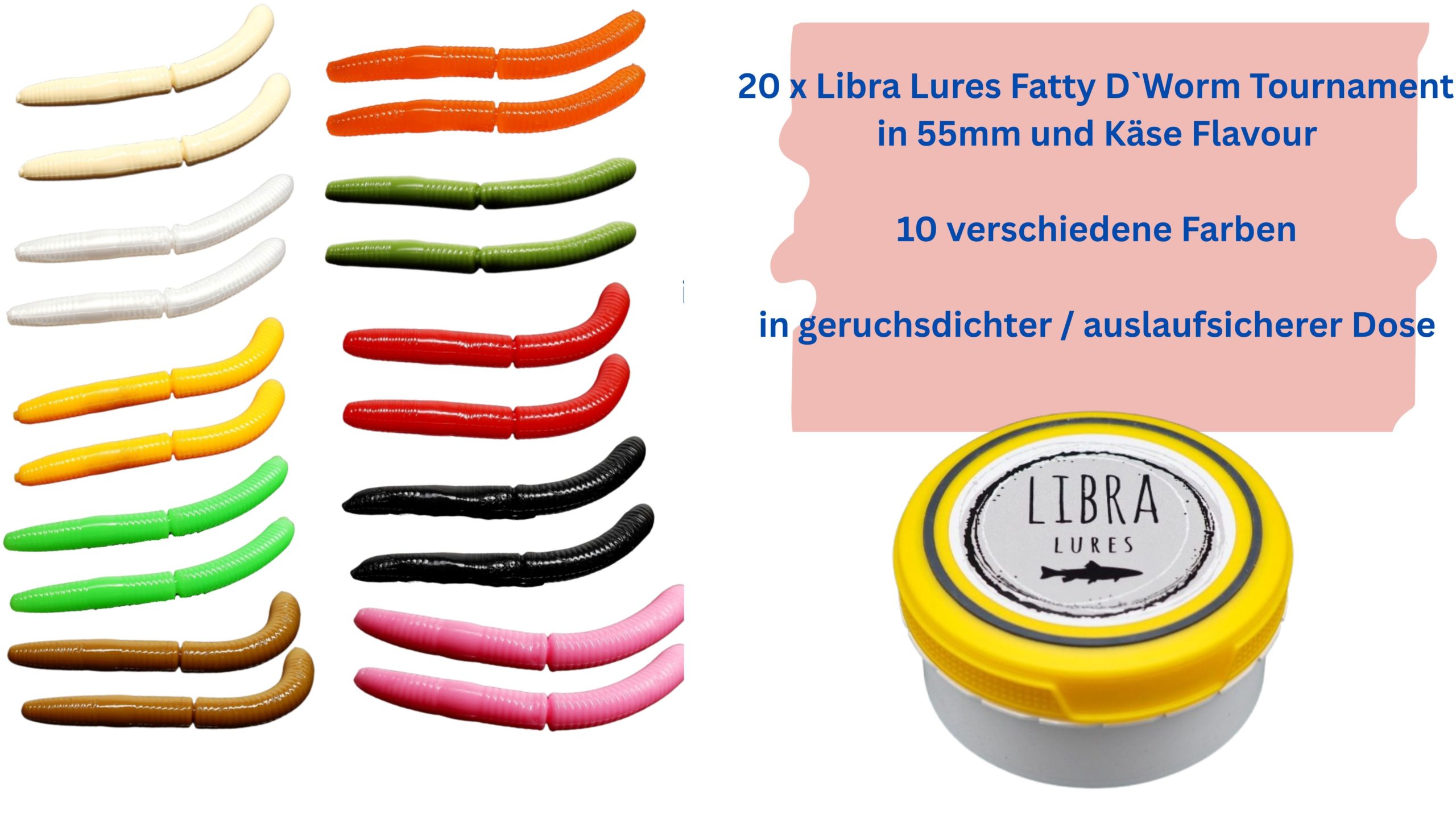 Starter-Set Fatty 55 Tournament von Libra Lures – 20x Forellenköder Softbaits | Größe: 55mm | 10 Farben mit Käse-Aroma – Gummiköder Set + dichte Dose – Ideal zum Forellenangeln