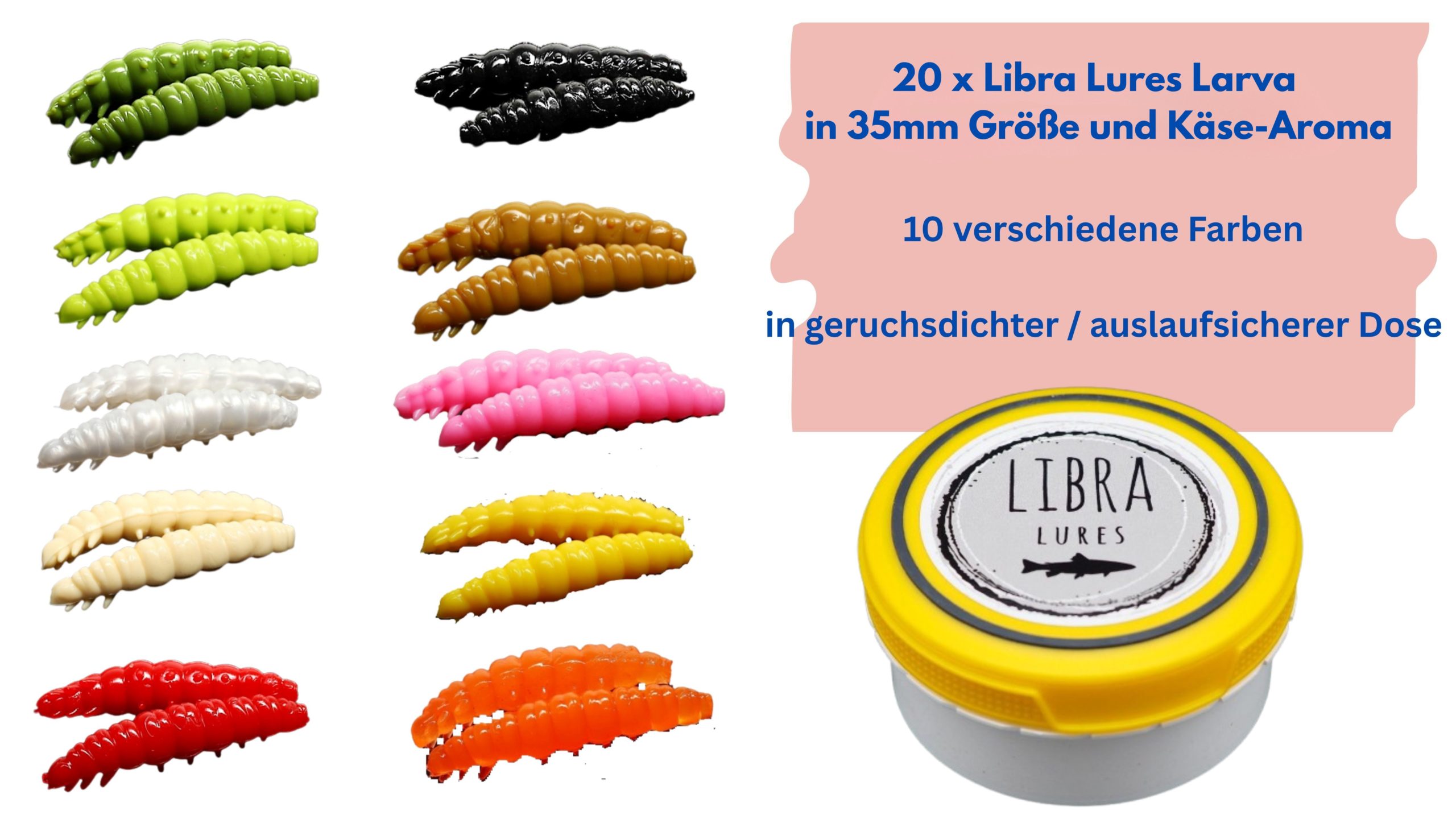 Starter-Set Larva 35 von Libra Lures – 20x Forellenköder Softbaits | Größe: 35mm | 10 Farben mit Käse-Aroma – Gummiköder Set + dichte Dose – Ideal zum Forellenangeln