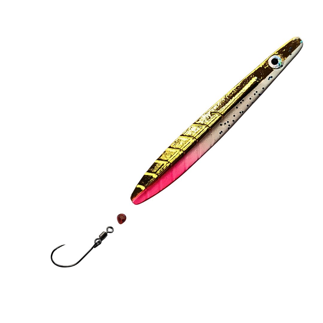 ParaLAXX Inlineblinker 5 gr. (6,5 cm) – Durchlaufblinker für Forelle & Meerforelle | Ready-to-Fish Set mit Einzelhaken, Tönnchenwirbel & Knotenschutz-Perle | Süß- & Salzwasser | UV-aktiv | Farbe: Goldfarben- Pink-Weiß- Schwarze Rückseite