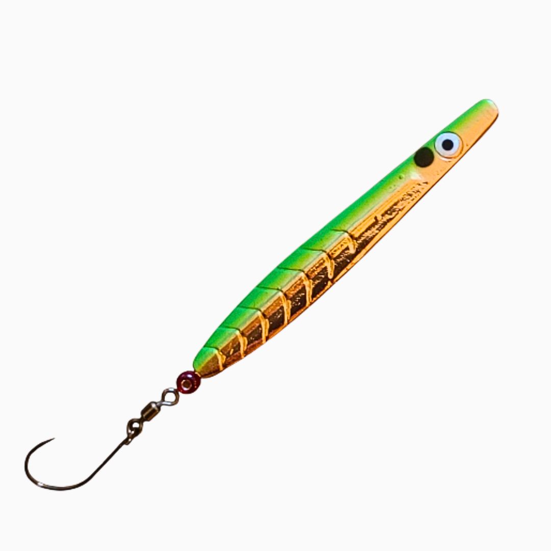 ParaLAXX Inlineblinker 5 gr. (6,5 cm) – Durchlaufblinker für Forelle & Meerforelle | Ready-to-Fish Set mit Einzelhaken, Tönnchenwirbel & Knotenschutz-Perle | Süß- & Salzwasser | UV-aktiv | Farbe: Grün- Kupferfarben- Schwarzer Punkt