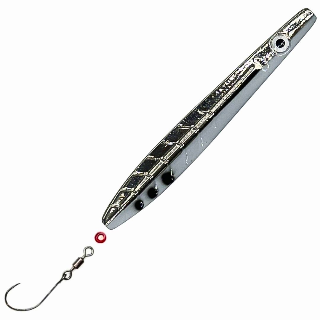 ParaLAXX Inlineblinker 5 gr. (6,5 cm) – Durchlaufblinker für Forelle & Meerforelle | Ready-to-Fish Set mit Einzelhaken, Tönnchenwirbel & Knotenschutz-Perle | Süß- & Salzwasser | UV-aktiv | Farbe: Silberfarben- Schwarze Punkte