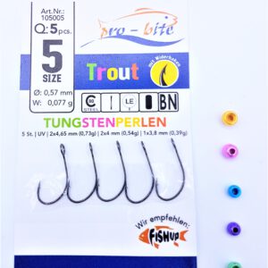 Tungstenperlen und Haken zum ultraleichten Forellenangeln | Mit Widerhaken/mit Öhr in der Größe 5