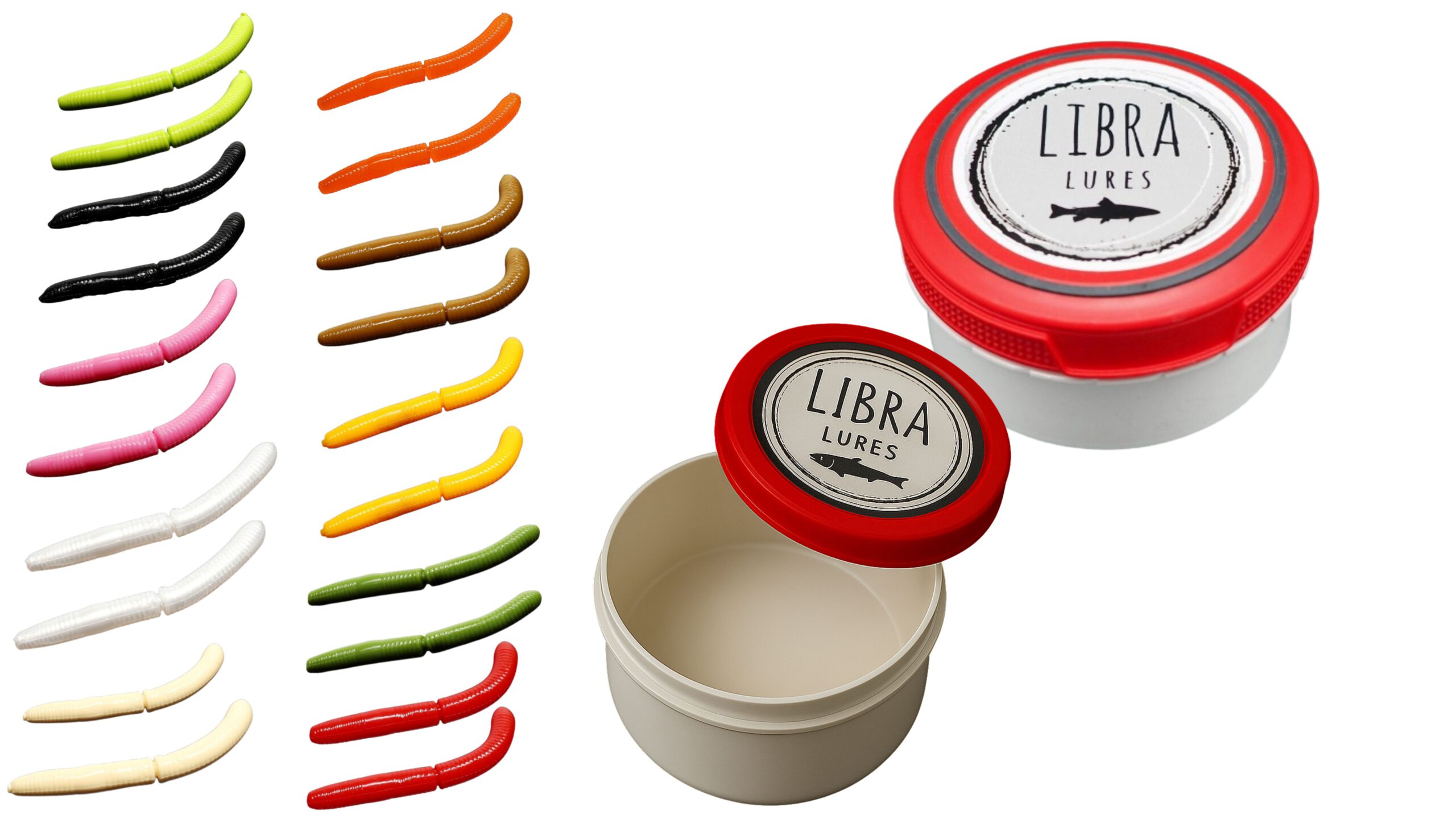 Libra Lures Fatty D Worm 75mm Starter-Set –20 x Forellenköder Softbaits in 10 Farben mit Krill-Aroma – Gummiköder Set + dichte Dose – Ideal zum Forellenangeln