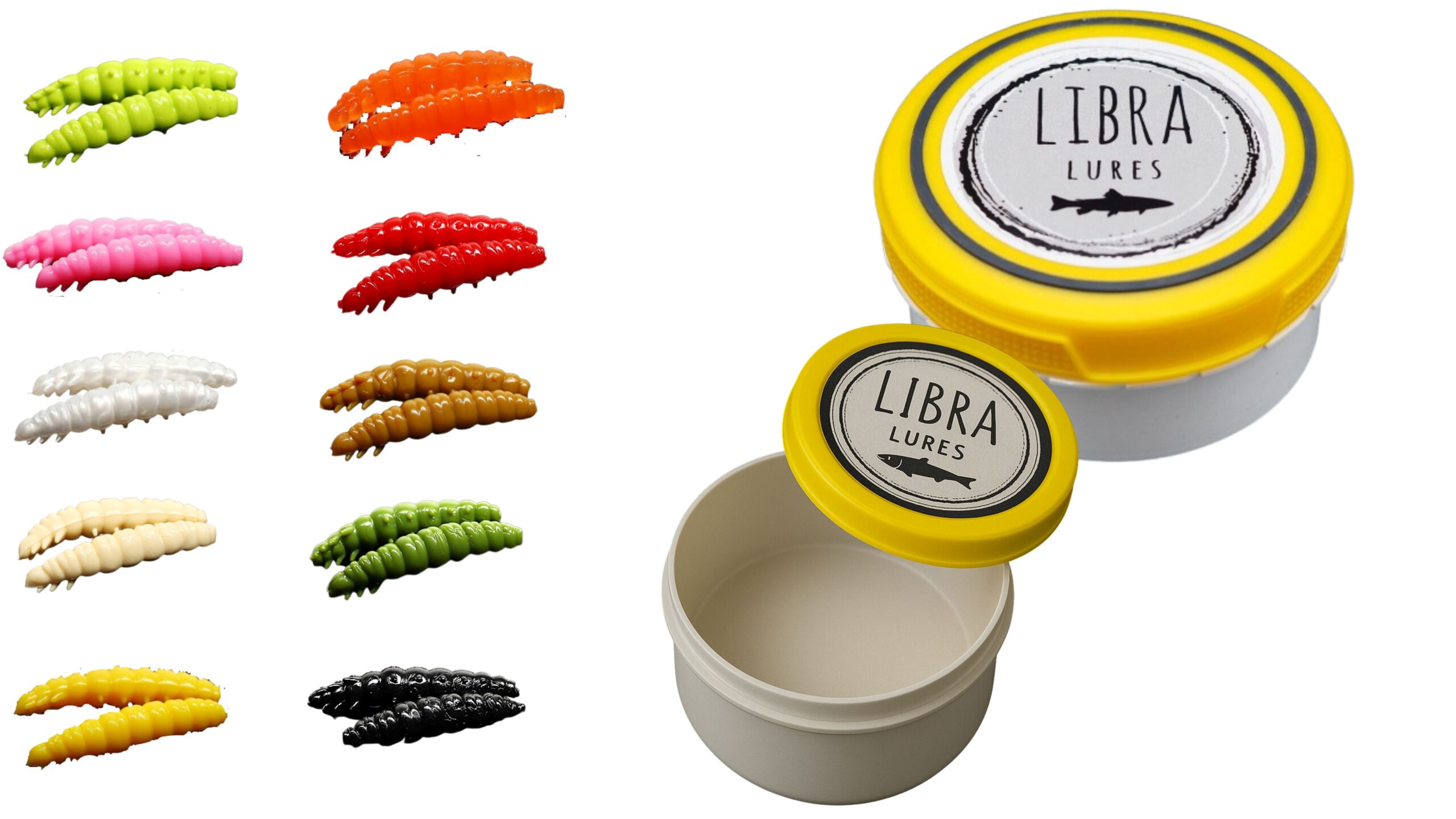Libra Lures Larva 30mm Starter-Set – 20x Forellenköder Softbaits in 10 Farben mit Käse-Aroma – Gummiköder Set + dichte Dose – Ideal zum Forellenangeln