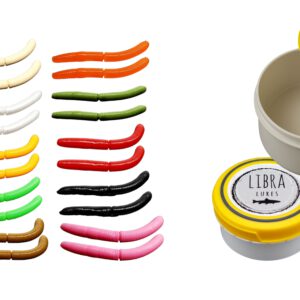 Libra Lures Fatty D Worm 65mm Starter-Set – 20x Forellenköder Softbaits in 10 Farben mit Käse-Aroma – Gummiköder Set + dichte Dose – Ideal zum Forellenangeln