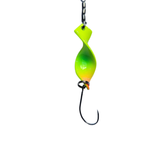 Twist’n Catch - Forellenblinker | Twister-Spoon in 4 gr. | Forellenköder Plus Wirbel und Haken | Blinker Spoon Forelle | Farbe: Grün/Gelb/Orange-Dot