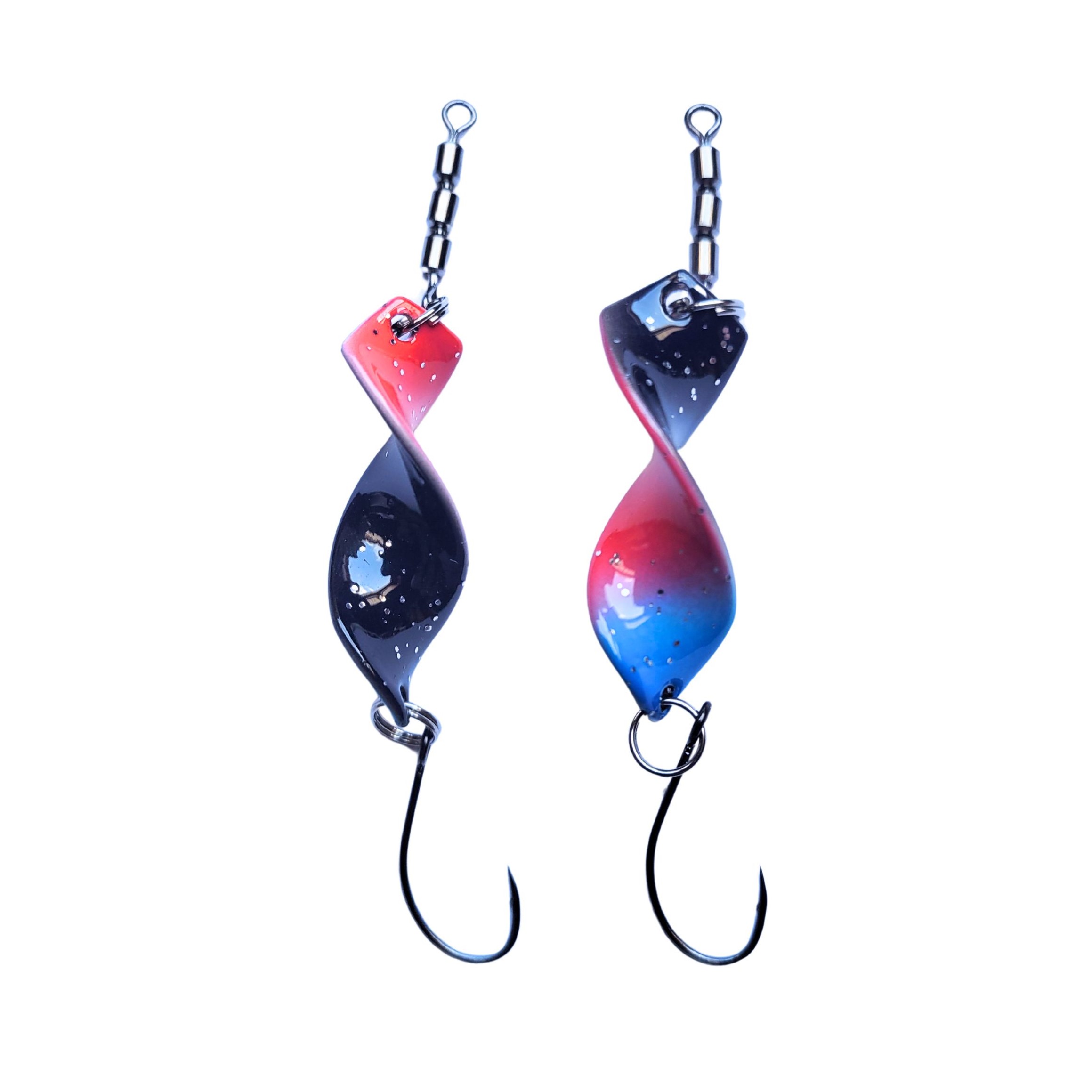 Twist’n Catch - Forellenblinker | Twister-Spoon in 4 gr. | Forellenköder Plus Wirbel und Haken | Blinker Spoon Forelle | Farbe: Schwarz-Glitter/Rot/Blau-Dot