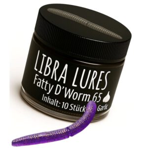 Libra Lures Fatty D`Worm 65mm | Forellenköder Supersoft | Inhalt: 10 Stück | Aroma: Knoblauch | Farbe: 020 / Purple with Glitter